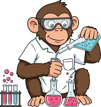 Cute Scientist Monkey Clipart Vector Illustration of Smart Chimpanzee Wearing Lab Coat and Safety Goggles Mixing Chemicals