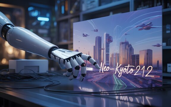Neo-futuristic cityscape with robotic hand and holographic urban plan