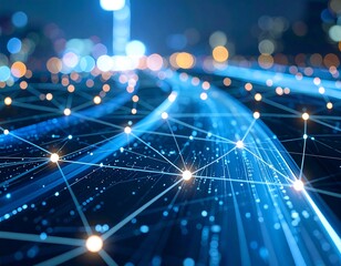 Digital network connecting points of light in a dark urban landscape.