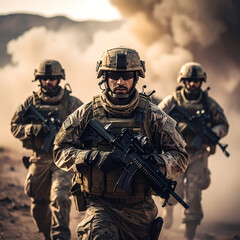 Armed soldiers in combat gear with rifles in a harsh environment