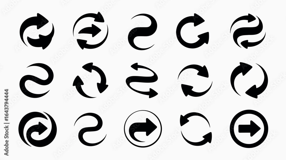 Poster set of black circular arrows collection of direction symbols and sign variations for creative design