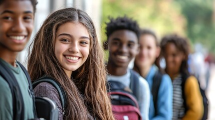A diverse group of students standing in a row, smiling and looking at the camera.