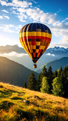 Fototapeta premium Hot air balloon ascends over mountain landscape under clear sky