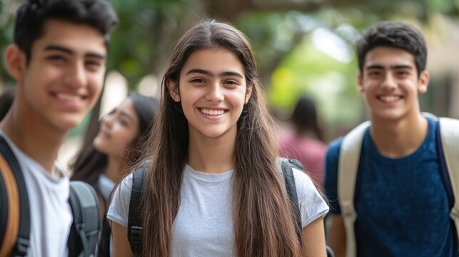 A young girl with long hair smiling in front of two boys in a school setting. - Powered by Adobe