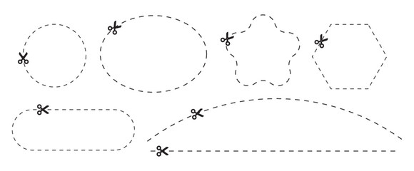 Vector set of scissors cutting dotted lines in circle and other shapes. Coupon trim or paper cut marks. PNG