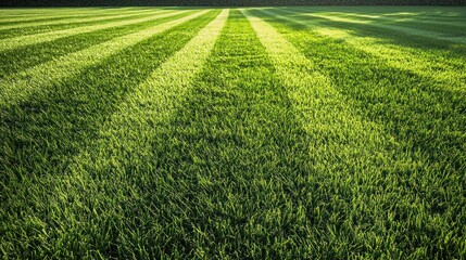 A well-maintained lawn with vibrant green grass and distinct diagonal stripes, illuminated by sunlight, with a clear blue sky in the background.