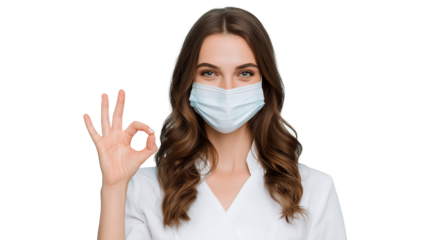 Young woman in surgical mask showing ok sign isolated on transparent and white background. Concept for healthcare awareness, virus protection and medical compliance