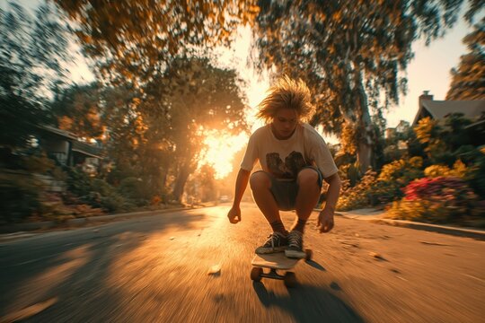 Teenager cruising downhill on skateboard during golden hour in quiet neighborhood - Powered by Adobe