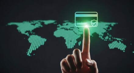Finger touching credit card icon on world map representing secure online payment system