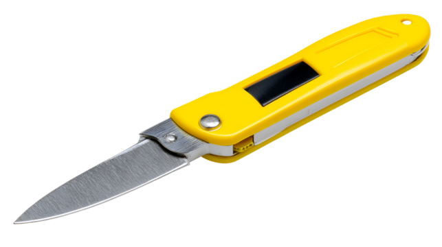Yellow folding pocket knife with digital thermometer isolated on transparent background