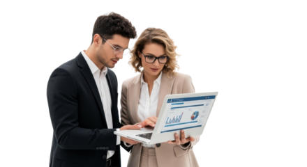 Man in black suit, woman in beige suit, both with glasses, focused on laptop with data presentation, transparent studio background, copy space, no shadows. Business collaboration concept.