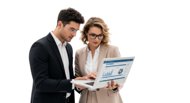 Man in black suit, woman in beige suit, both with glasses, focused on laptop with data presentation, transparent studio background, copy space, no shadows. Business collaboration concept.