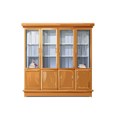 Cartoon wooden bookcase with glass doors and books. Home furniture and interior design illustration. Bookcase library decoration