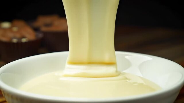 Pouring Condensed Milk: A satisfying slow-motion shot of thick, sweet condensed milk being poured into a white bowl. Excellent for dessert and recipe videos.