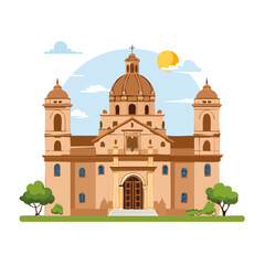 Obraz premium Illustration of a Grand Cathedral Facade with Dome against a Cloudy Sky and Sun