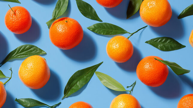 Colorful fruit pattern of fresh mandarin tangerine or clementine on blue background.

