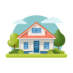 Cartoon Style House with Red Roof Windows and Trees on Green Grass and Blue Sky Background