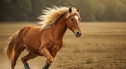 Obraz premium Majestic Chestnut Horse Galloping Across Field, Golden Light, Flowing Mane.