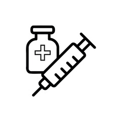Obraz premium Black outline medical syringe and vial with cross symbol health injection