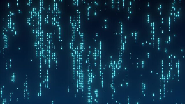 Loop animation of a blue glowing random digital data matrix of binary code numbers isolated on a dark background. Seamless motion background for technology, coding, science, cyberspace, or UI concept