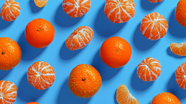 The scene shows colorful fruit pattern of fresh mandarin tangerine or clementine on blue background.

