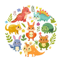 Fototapeta premium Cartoon animals circle illustration for kids book or cards, dinosaur, bunny, squirrel, hedgehog, hamster and dog with flower, leaves, and heart shapes.