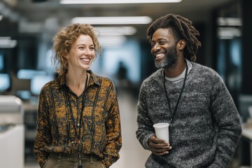Lighthearted coworkers share a refreshing laugh by bright hallway office water cooler