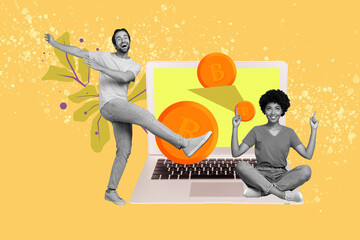 Full image pop contemporary photo collage of happy businessman businesswoman freelancer receive bitcoin coin transaction crypto