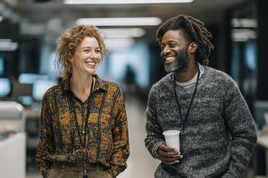 Lighthearted coworkers share a refreshing laugh by bright hallway office water cooler