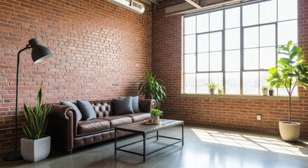 Contemporary Interior Brown Leather Sofa, Brick Wall and Potted Plant Living Room