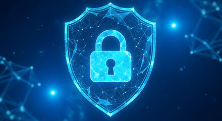 Cybersecurity concept with a padlock inside a glowing blue shield. Digital data protection, internet privacy, and network security technology background.