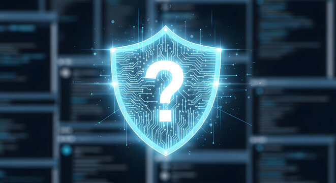 Security shield with a question mark. Concept of unknown cyber threats, vulnerability, and network risk analysis. Digital data protection issues.