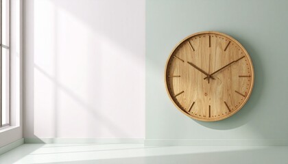 Modern minimalist interior scene with wood clock on wall, light and airy aesthetic for home decor ads