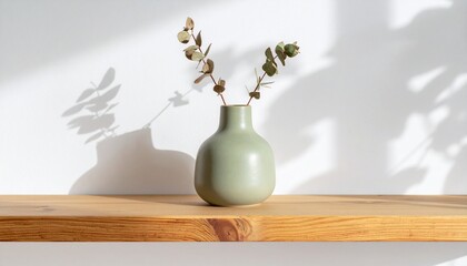 Elegant eucalyptus branches in a calming green vase on a bright wooden shelf create a serene home vibe