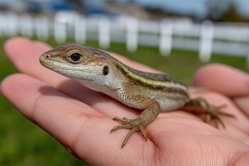 Naklejka premium Pet lizard rests calmly on child’s hand with soft grass background