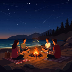 Friends around campfire stylized digital art starry night beach gathering peaceful relaxation high quality professional