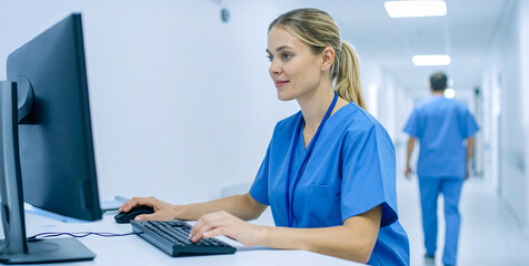 Medical nurses entering patient records into hospital computer system using electronic health records to manage healthcare information digitally