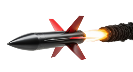 Sleek, highly aerodynamic dark metallic missile with matte stealthy finish & red fins, launching forward with vibrant orange-yellow incandescent exhaust & black smoke trail on a transparent shadowless