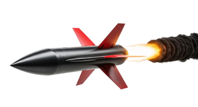 Sleek, highly aerodynamic dark metallic missile with matte stealthy finish & red fins, launching forward with vibrant orange-yellow incandescent exhaust & black smoke trail on a transparent shadowless