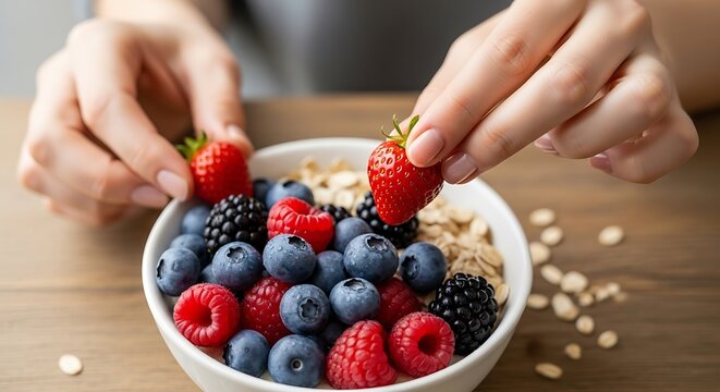 A nutritious start to the day with a bowl of mixed berries and oats in a bright scene