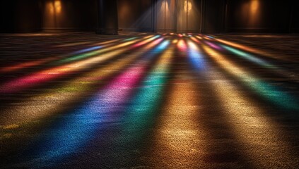 Colorful light streaks on a carpeted floor, casting vibrant shadows from stained glass