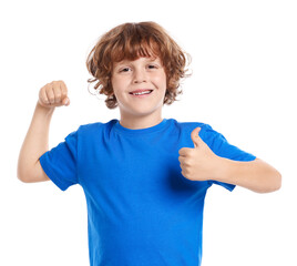 Strength. Happy little boy showing his biceps and thumbs up on white background
