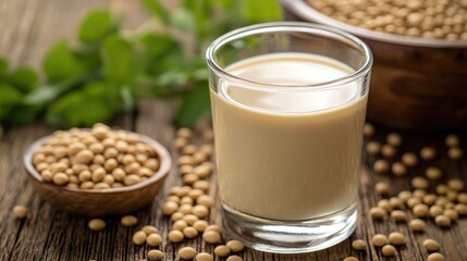A glass of soy milk on a wooden table with scattered soybeans.
