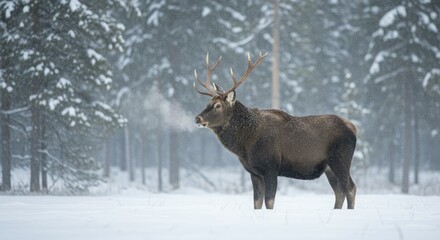 Majestic Elk in a Snowy Winter Forest, Breath of Steam