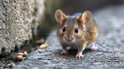 A small brown mouse with black eyes and whiskers on a concrete surface.