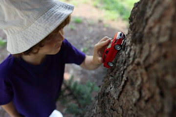 Little boy playing with toy car near tree outdoors