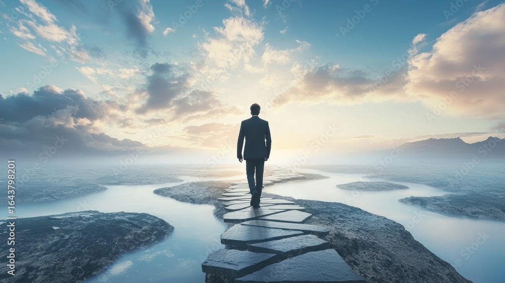 Poster a man in a suit walking on a stone path towards a mountain range with a cloudy sky in the background