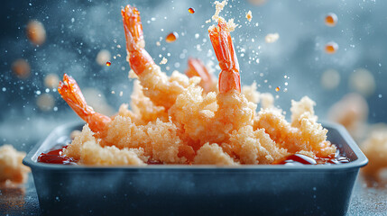 Crispy Breaded Shrimp in Red Sauce, Dark Background