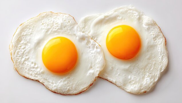 Two fried eggs, cooked sunny-side up,  displaying golden yolks and crisp edges, sit atop a bright white surface - Powered by Adobe