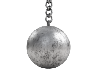 Heavy metal ball on a chain hangs freely,isolated on transparent background